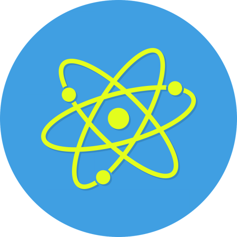 Yellow atom symbol on a blue circle background