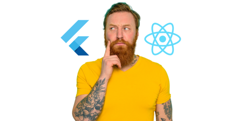 Confused man between the Flutter logo and React logo