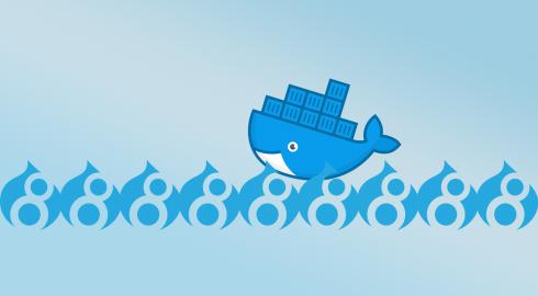 Docker whale logo riding waves created by Drupal 8 logos