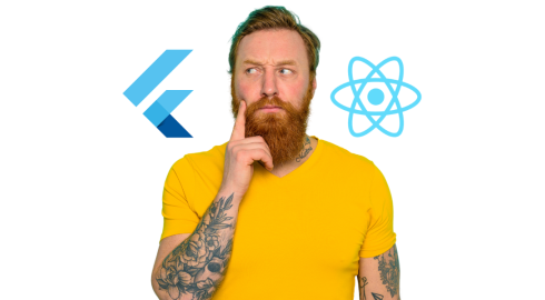 Confused man between the Flutter logo and React logo